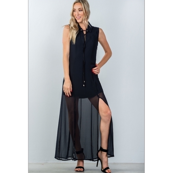 Lulu's Honey Punch Navy Sleeveless Sheer Tie Neck Front Slit Maxi Dress - Picture 1 of 6